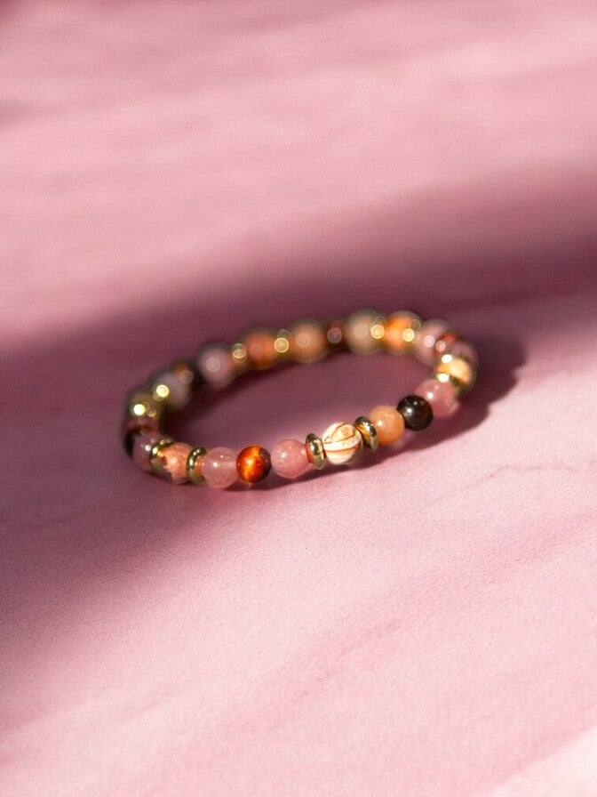 Armband - Leoparden Jaspis, rotes Tigerauge & Sonnenstein mit Goldperlen