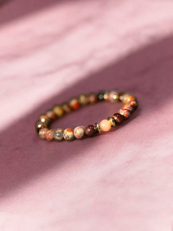 Armband - Leoparden Jaspis, rotes Tigerauge & Sonnenstein mit Goldperlen