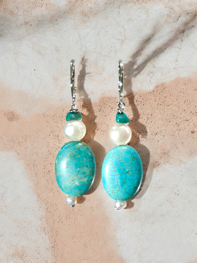 Ohrringe - grosser, Türkis mit Süsswasserperlen
