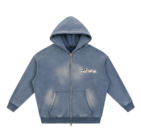 Women's Sunfade Two-way Zipper Boxy Fleece Hoodie Haze Blue- Short