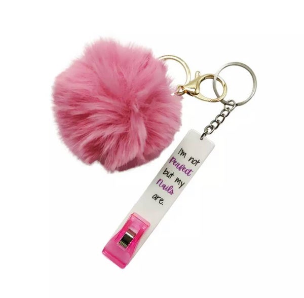 Sleutel hanger Card puller voor lange nagels " I'm not perfect but my nails are" met fluffy bal- per stuk (Kopie)