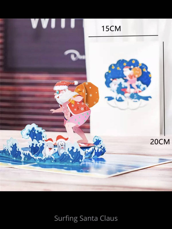 3D wenskaart Kerstman surfen