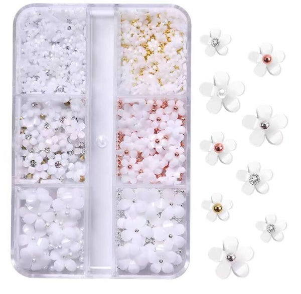 Nailart box mix 6 vakjes 3d bloemen wit