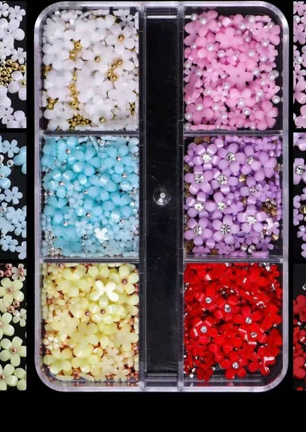 Nailart box mix 6 vakjes 3d bloemen 6 kleuren