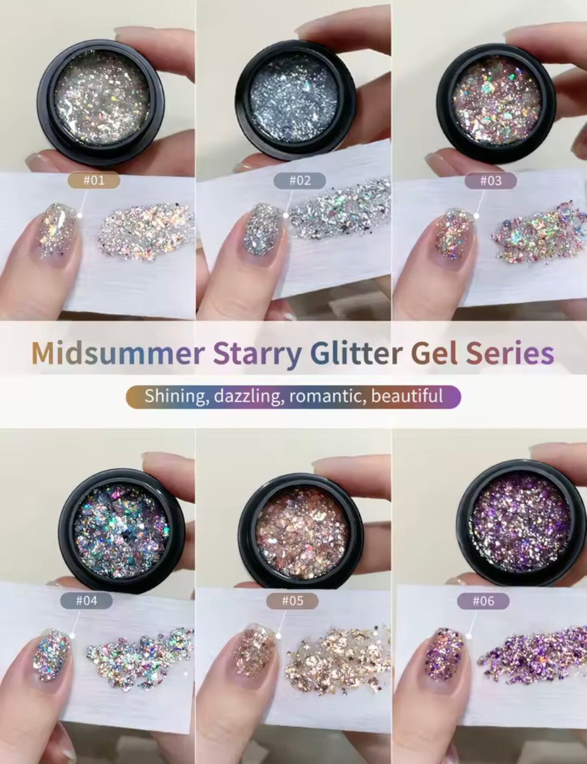 Nailart glitter gel set 6 kleuren