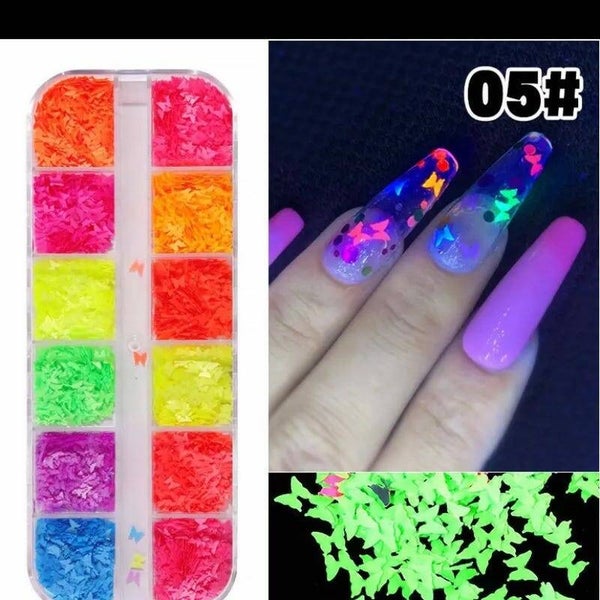 Nailart vlinders box neon 12 kleuren glow in the dark