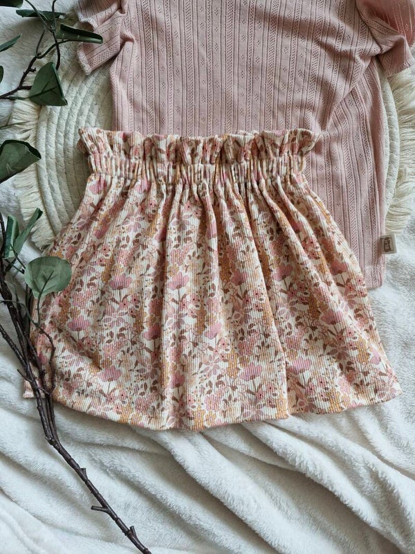 Paperbag rokje ribtricot flowers pink