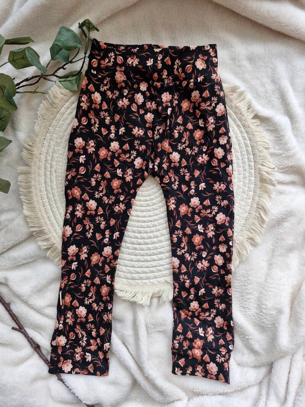 Broekje 98 zwart bruin roze bloemen
