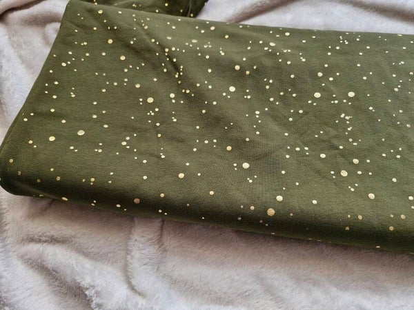 Katoenen tricot coupon groen gouden dots