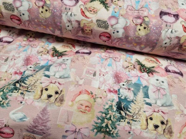 Coupon french terry 2mx1.4m kerst roze
