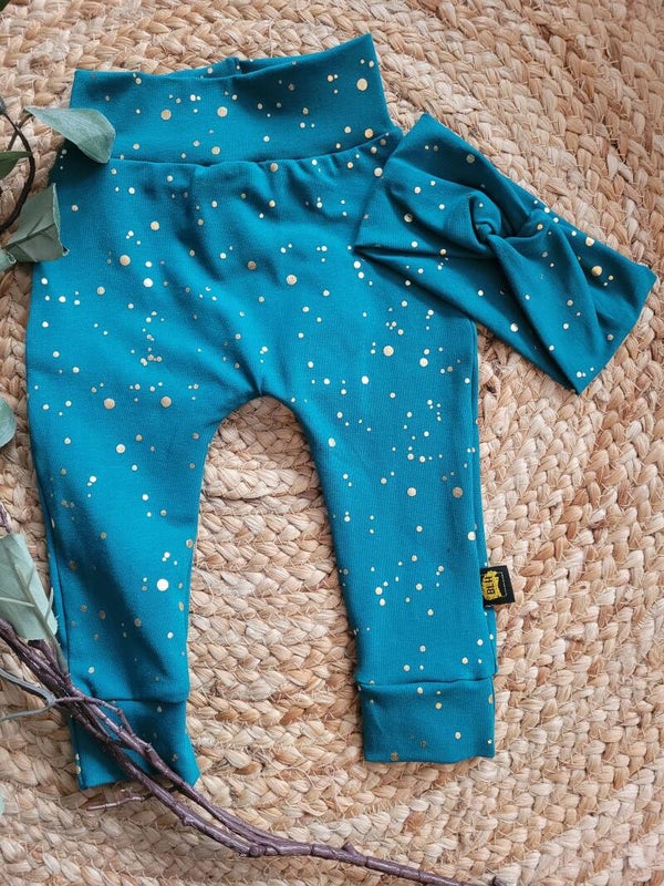 Broekje petrol golden dots