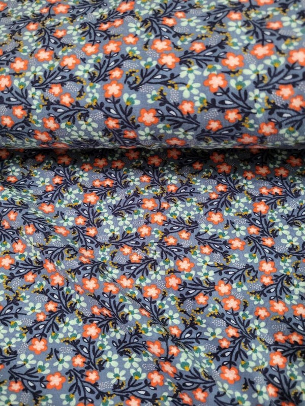 Printje blauw met rode bloemenprint