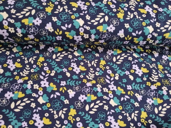Printje blauw met lila en geel bloemenprint