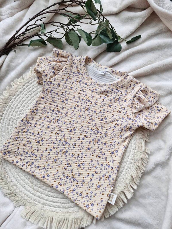 Shirtje ribtricot blauw bloemenprintje