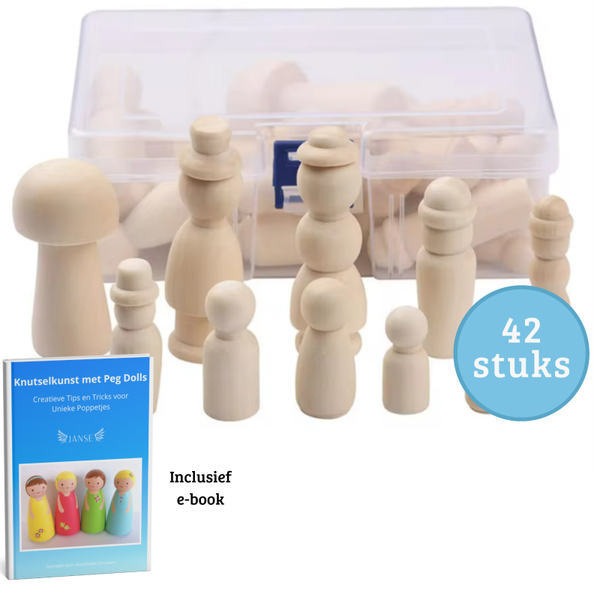 Janse® Houten poppetjes 42 stuks set met hoedjes en paddenstoel