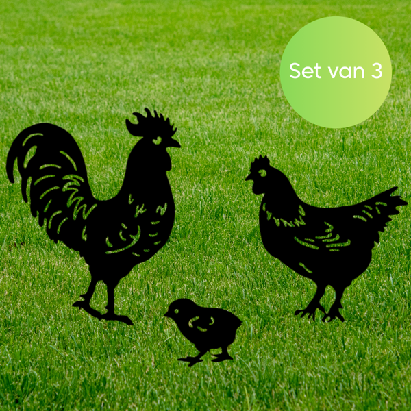 Janse® Metalen tuinstekers kip, haan en kuiken
