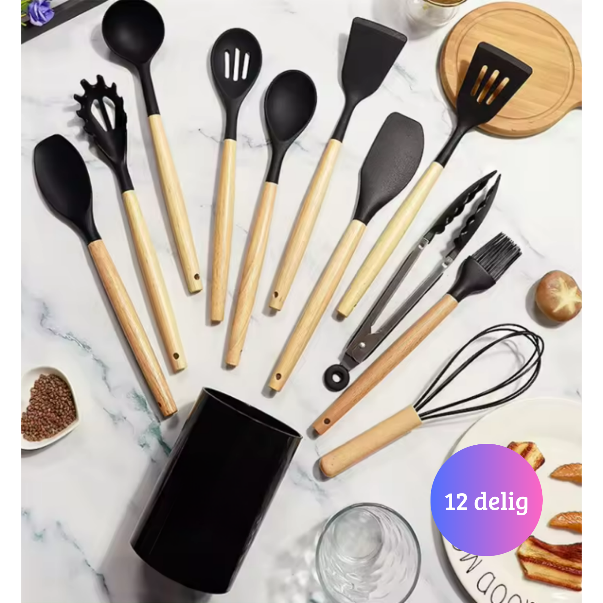 Janse® Siliconen keukengerei set 12 delig zwart