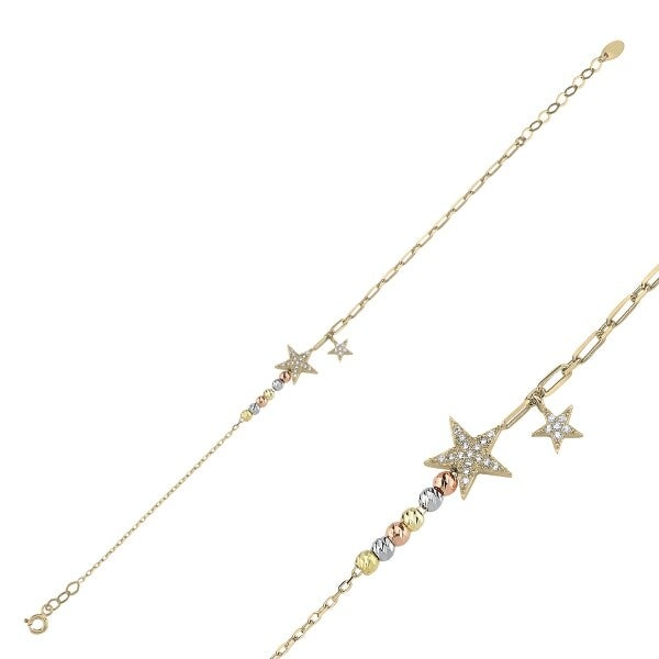 Diamant geslepen driekleurige bal & ster armband S925 Silver Goldplated