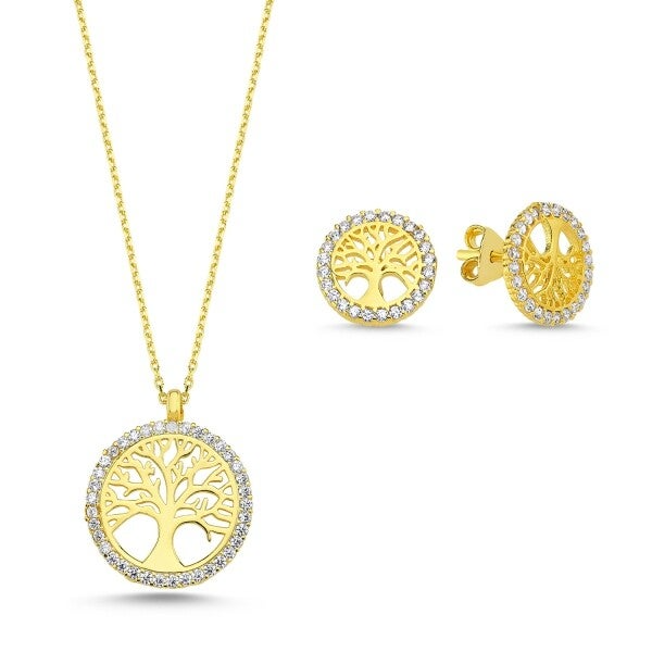 Tree of Life Zirconia Set Sterling Silver Goldplated