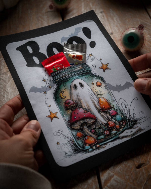 Halloween Jar "Boo!" – Gespenster-Marmeladenglas Karte zum Selbstausdrucken (PDF Druckvorlage)