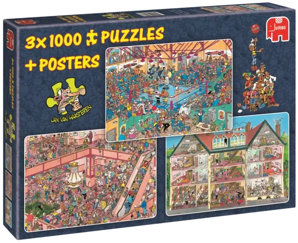 Jan van Haasteren Boxing match & shop till you drop & Shaped hotel - 3x1000