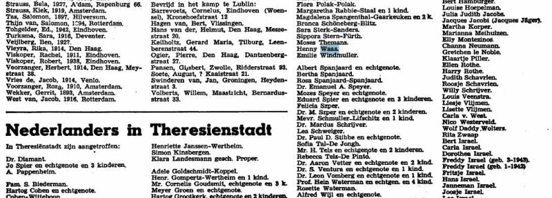 Knipsel uit Paraat met de vermelding van Henny Waas als overlevende uit Theresienstadt