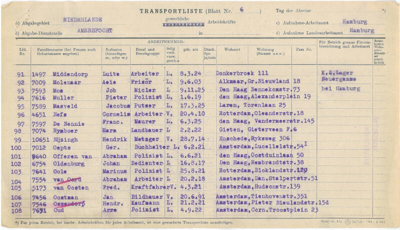 Transportlijst PDA 11 oktober 1944