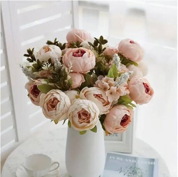 13-Head Realistic Champagne Peony Artificial Flower Bouquet