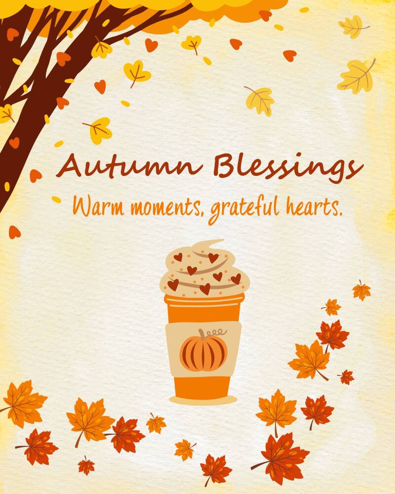 Autumn Blessings printable wall art with fall leaves, a cozy coffee cup, and the phrase “Warm moments, grateful hearts” on a soft watercolor background.