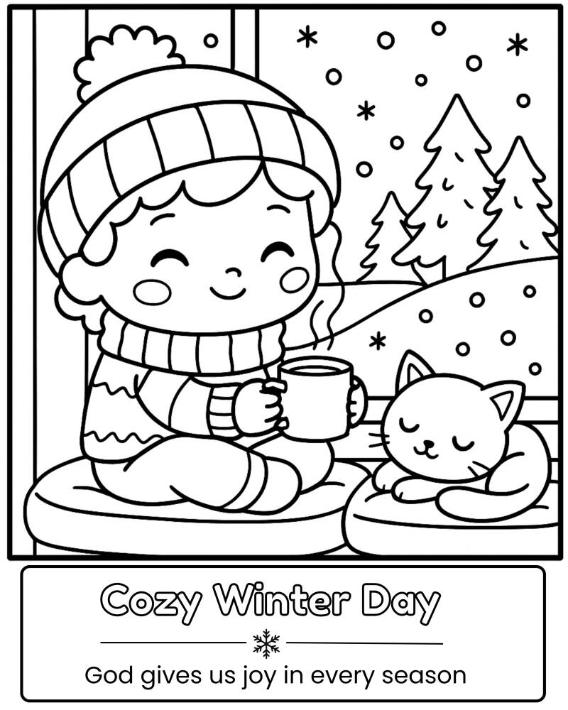 Free Cozy Winter Day coloring page for kids with a child holding a warm mug, sleeping cat, snowy evergreen trees, and a Christian winter message