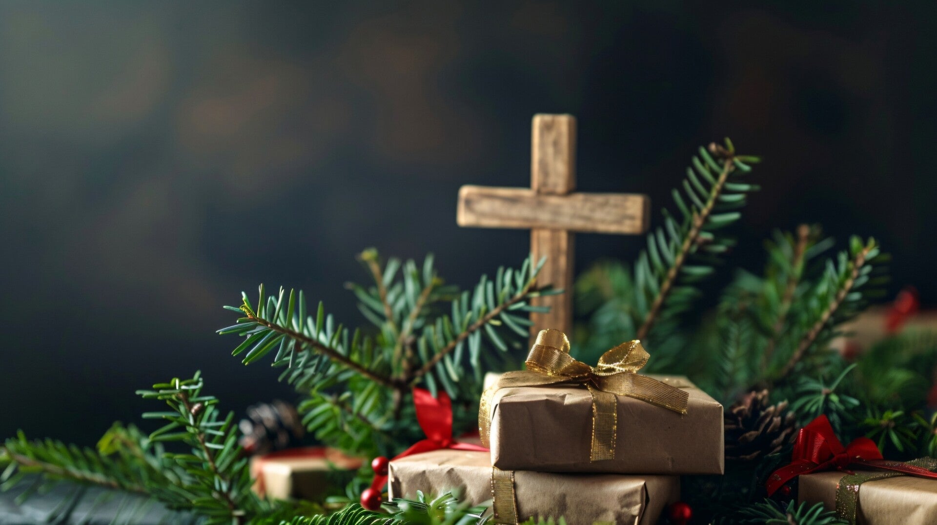 Christmas background with tree branches presents and wooden cross