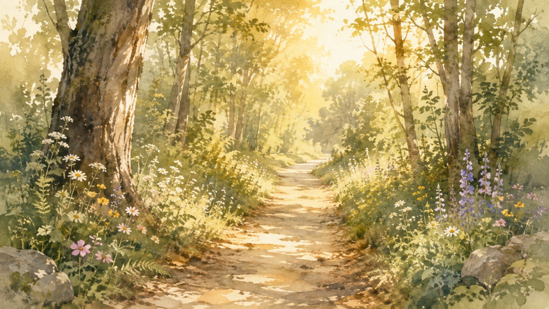 everlight grove path to sunlight through flowers watercolor