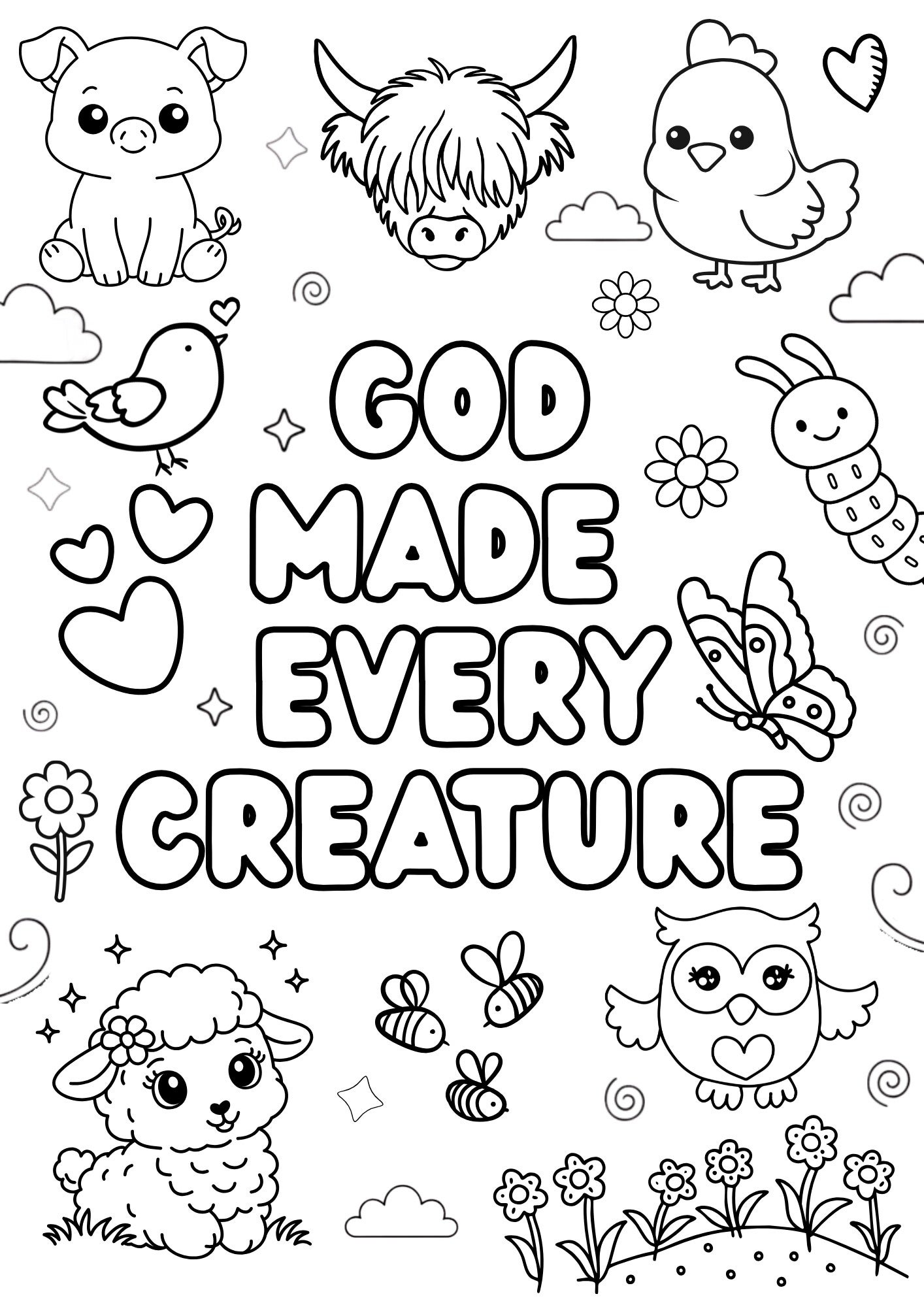  free faith-based animal coloring page for children. Featuring a sweet lamb, birds, butterflies, bees, flowers, and cheerful hearts