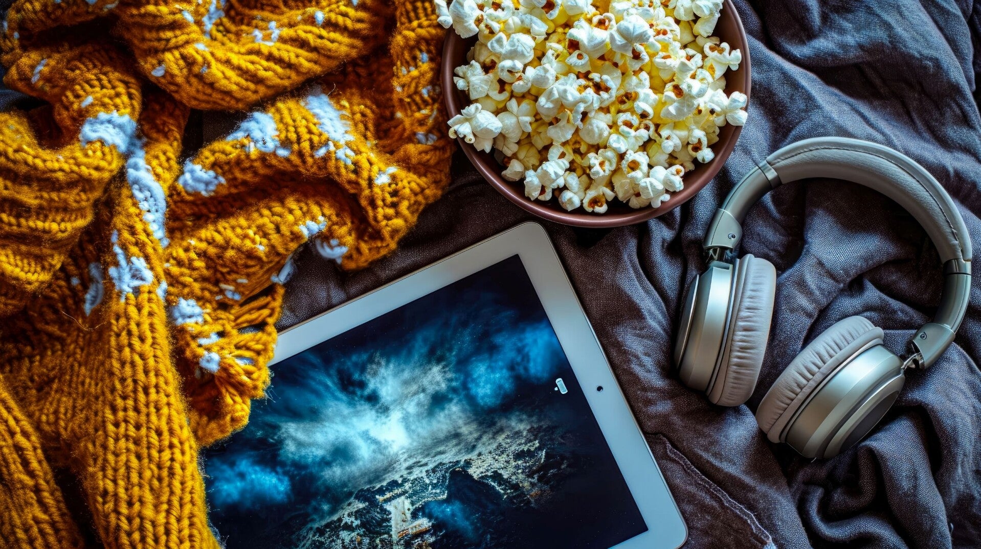 Ipad with headphones popcorn and blanket on bed