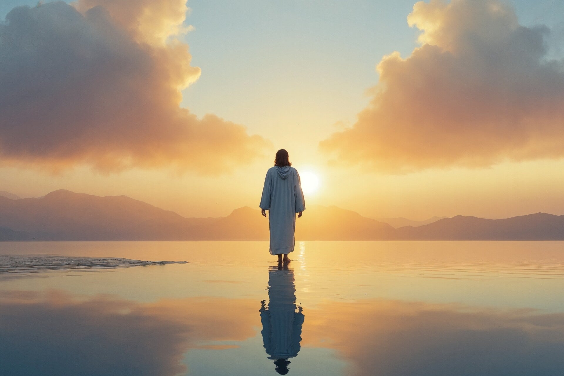 Man standing in the middle of water sunset and reflections