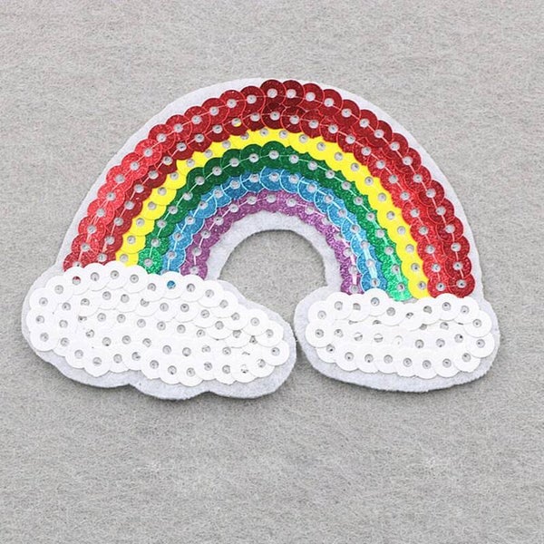 2 appliques patch ecusson tissus thermocollant arc en ciel 8x5.7 cm