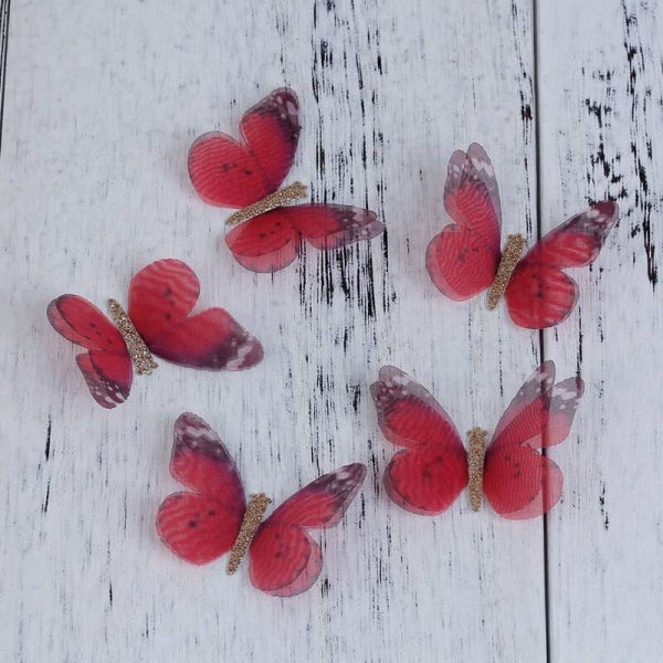 2 papillons organza rouge noir 50x35mm -création bijoux- sc0084215
