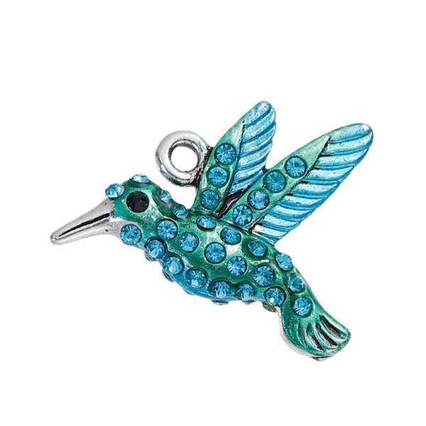 2 jolies breloques colibri émaillée bleu vert 27x21mm -