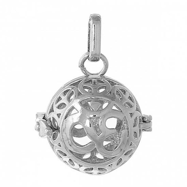 1 cages bola de grossesse ronde motif ohm boudhiste argentée 35x26mm B70009