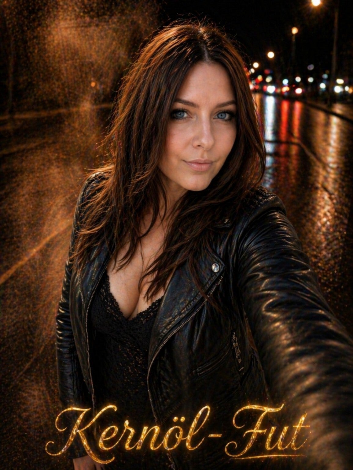 Kernöl-Fut Curvy Model mit Lederjacke bei Nacht vor Lichtern – Nude66 Model im Roadtrip Stil von CamDiamonds