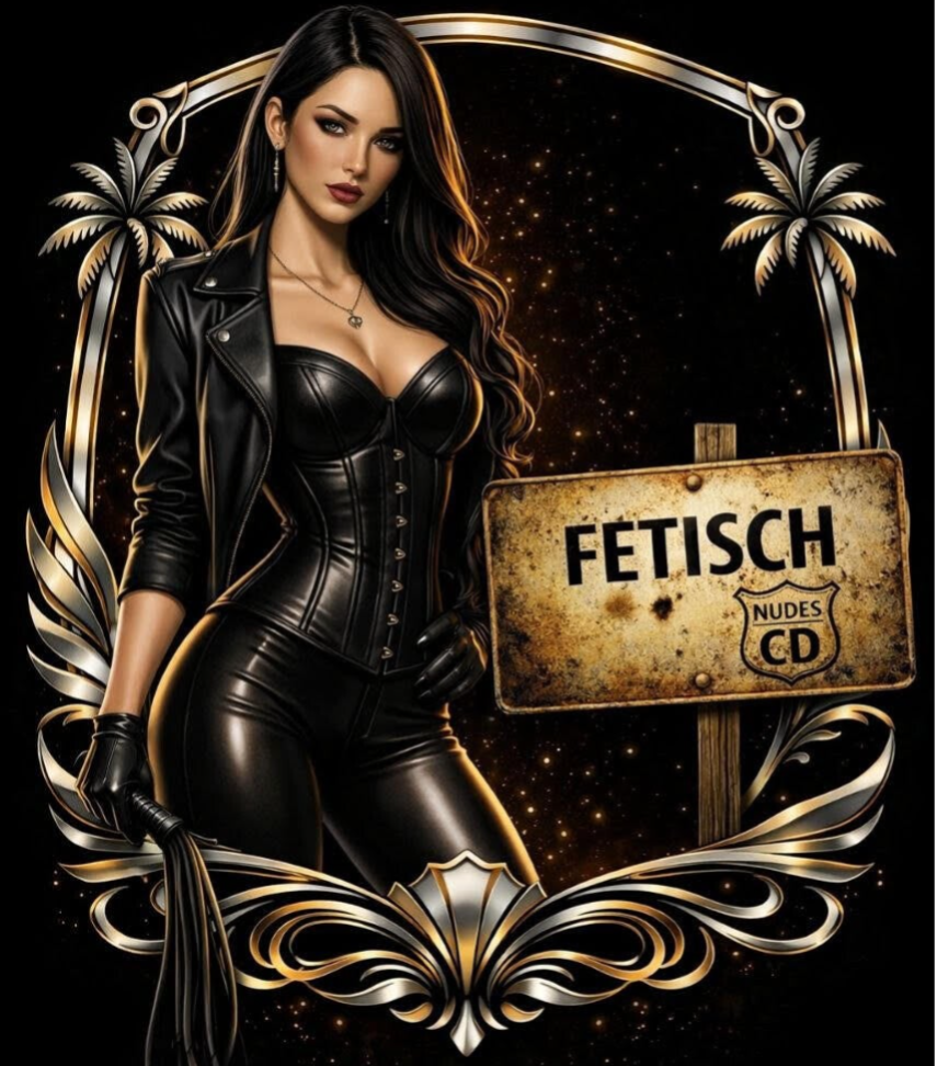 Dominantes Model im eleganten schwarzen Leder Outfit im Fetisch Stil vor goldener Luxus Kulisse mit Fetisch Kategorie Schild, Nude66 by CamDiamonds