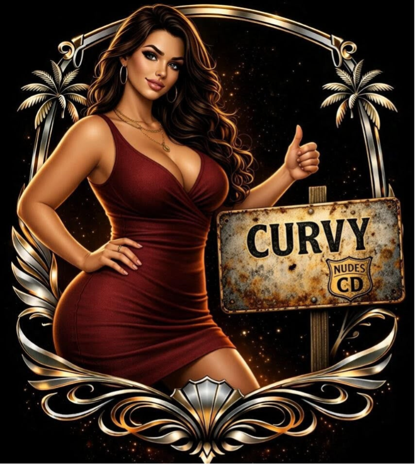 Attraktives Curvy Model im eleganten Kleid vor einem goldenen Rahmen mit Curvy Schild im Luxury Stil, Nude66 by CamDiamonds