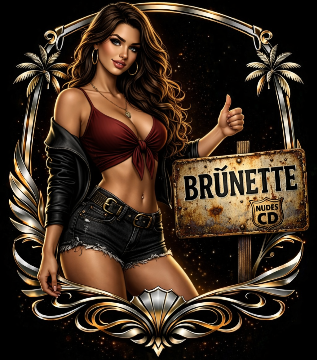  Brünettes Model mit langen Haaren im Biker und Roadtrip Stil mit Brünette Kategorie Schild und Nudes CD (CamDiamonds) Logo