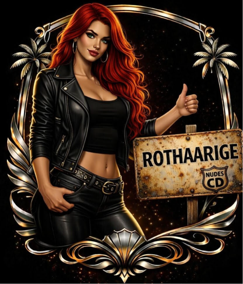 Attraktives rothaariges Model mit langen Haaren im schwarzen Outfit vor goldener Luxus-Optik mit Rothaarige Schild, Nude66 by CamDiamonds