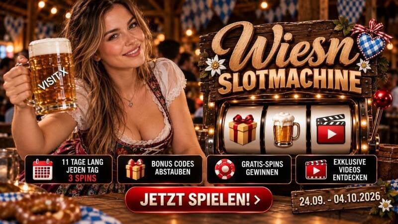 VISIT-X Wiesn Slotmachine Banner mit Model im Dirndl und einem Bier in der Hand