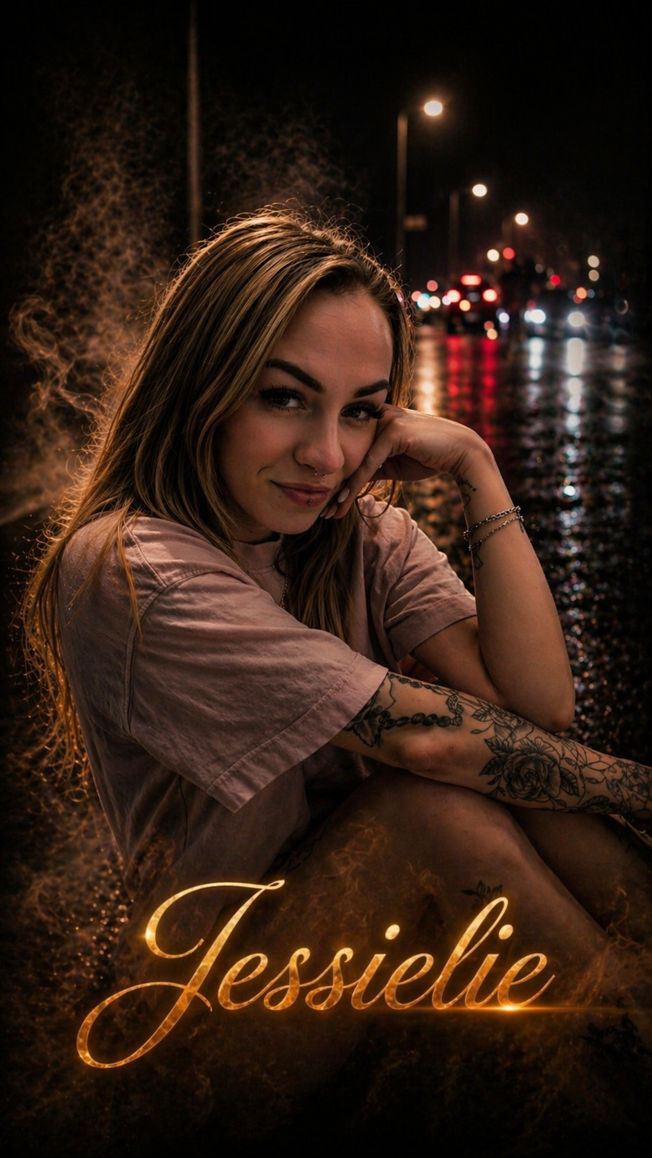 Jessielie Tattoo Model Portrait bei Nacht auf nasser Straße mit Bokeh Lichtern und Rauch im Nude66 Roadtrip Stil – urbaner Night Vibe und ästhetische Inszenierung - CamDiamonds