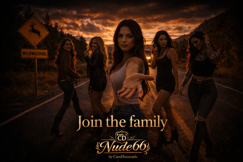 Gruppe attraktiver Frauen auf einer Straße bei Sonnenuntergang, ein Model streckt einladend die Hand zum Betrachter aus im Join the Family Konzept, Nude66 by CamDiamonds