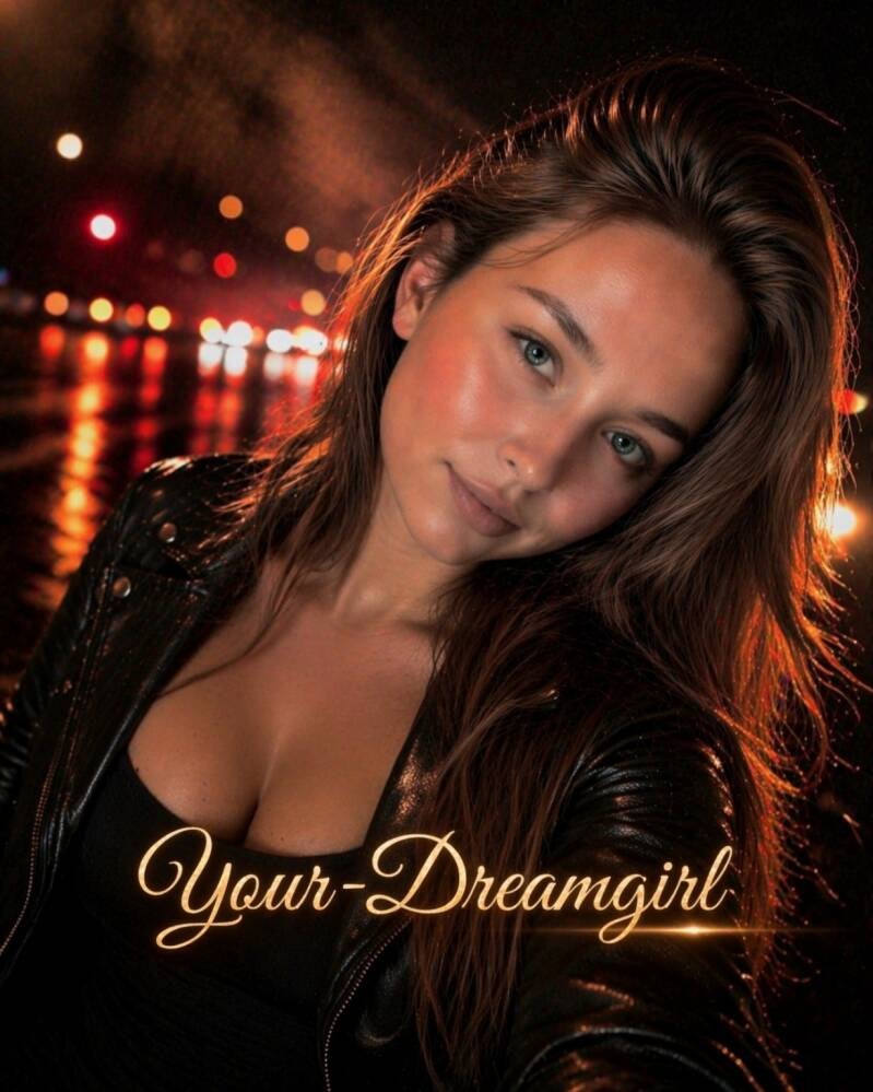 Brünettes Model bei Nacht im Roadtrip-Stil mit Lederjacke und sanftem Blick – Your Dreamgirl im Nude66 Look mit Lichtern im Hintergrund und verführerischer Atmosphäre - CamDiamonds