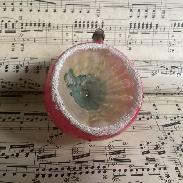 Antieke kerstbal deukbal 8 cm rood wit geel blauw