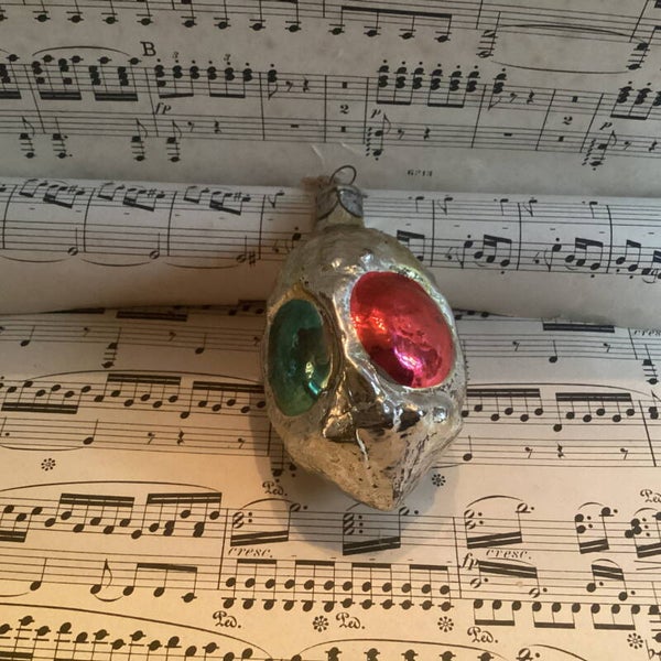 Antieke kerstbal lantaarn 4 zijden groen rood 8 cm, Oekraine